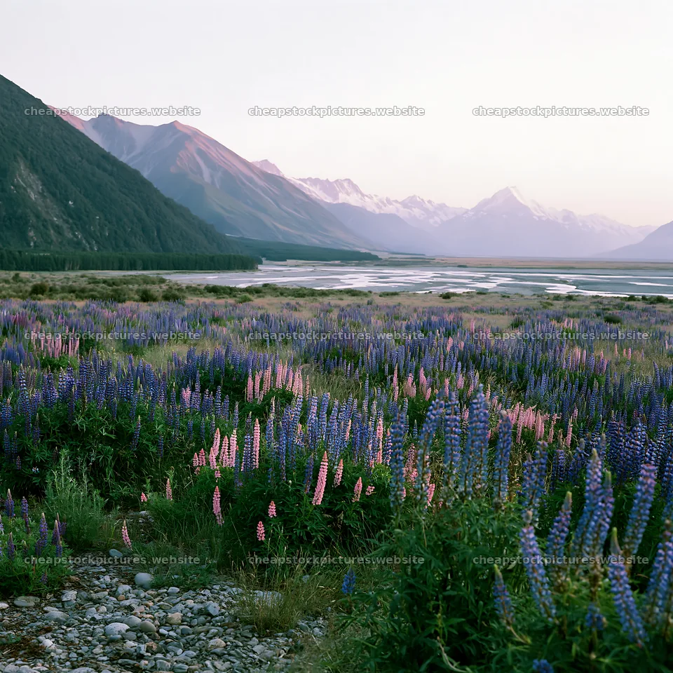 Lupin meadow with hills and mountains during sunset – stock pictures 7938x7938