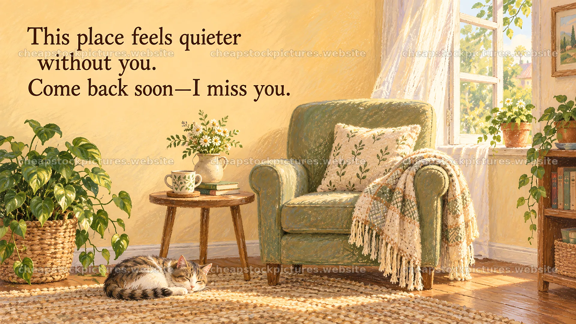 Cozy Living Room I Miss You Greeting Illustration – stock pictures 10324x5812