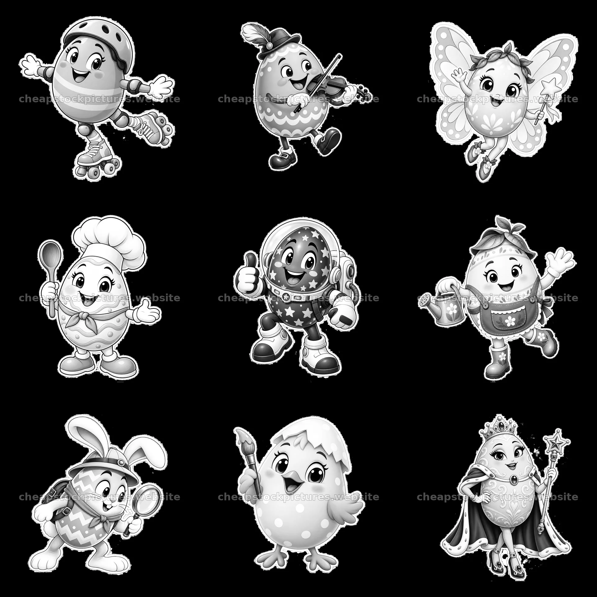 A grid of nine Easter egg characters engaging in various activities – stock pictures 7746x7746
