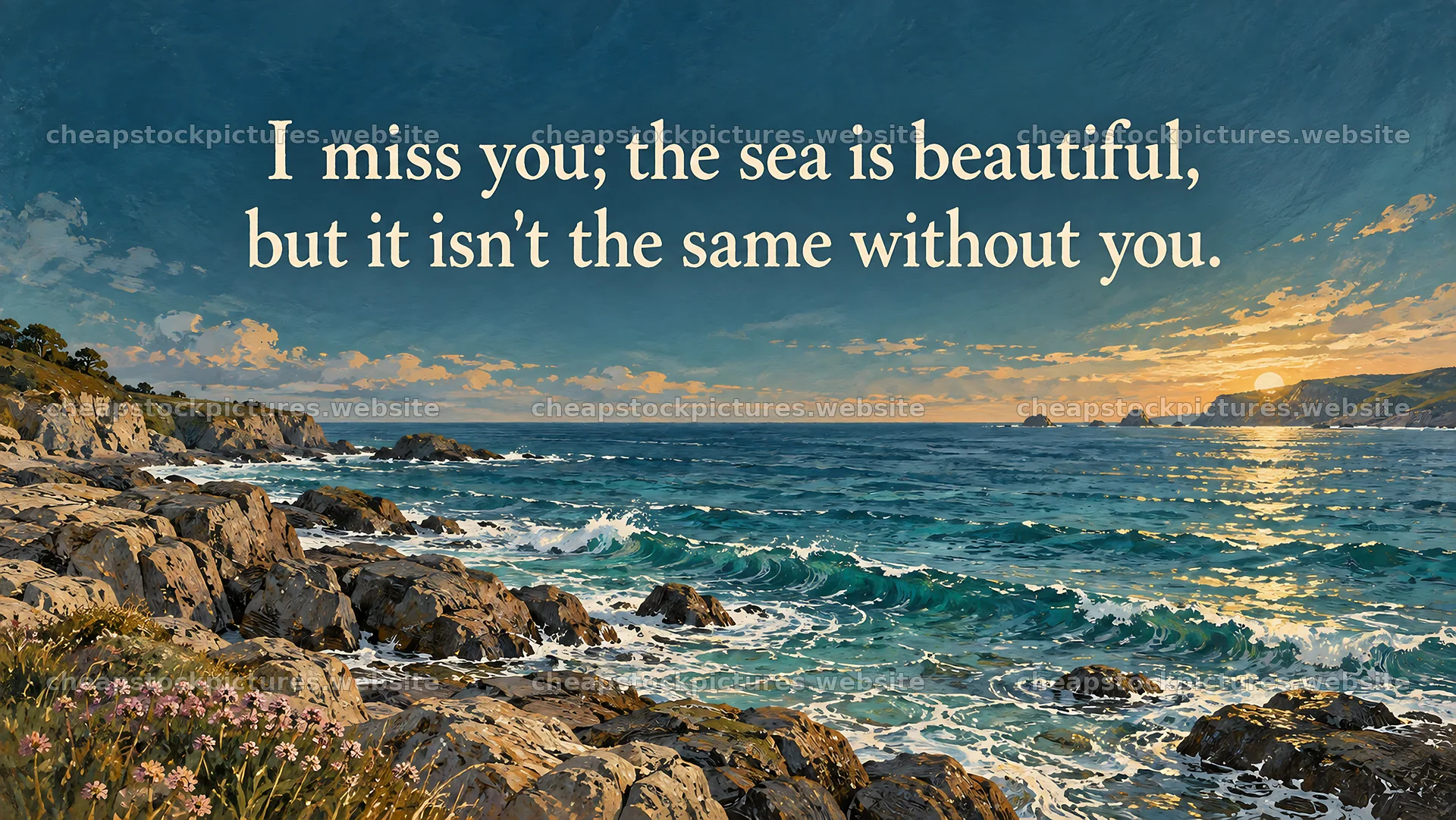 I Miss You Coastal Sunset Illustration – stock pictures 10324x5812