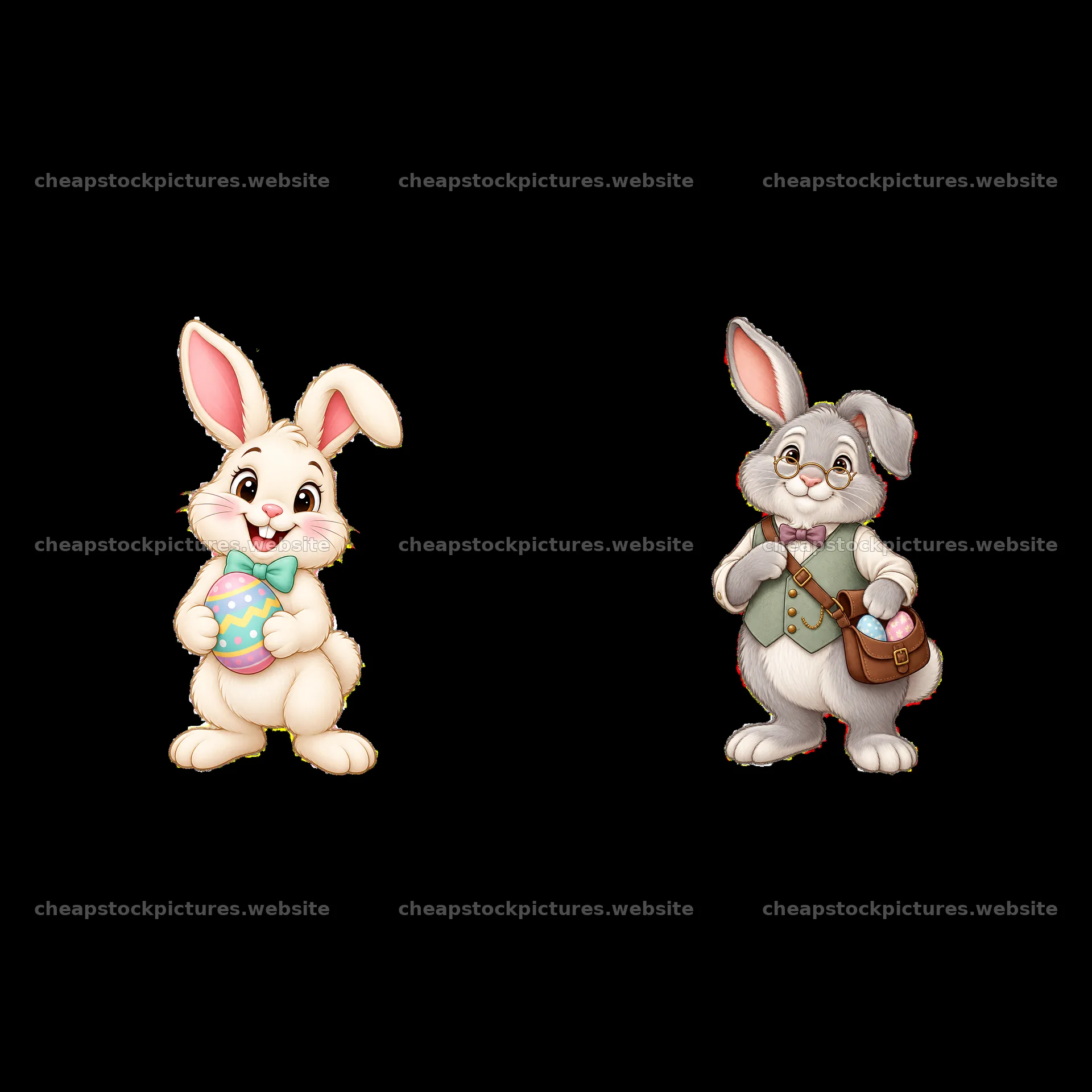 Easter bunnies holding eggs and a bag in a paired cartoon design – stock pictures 7746x7746