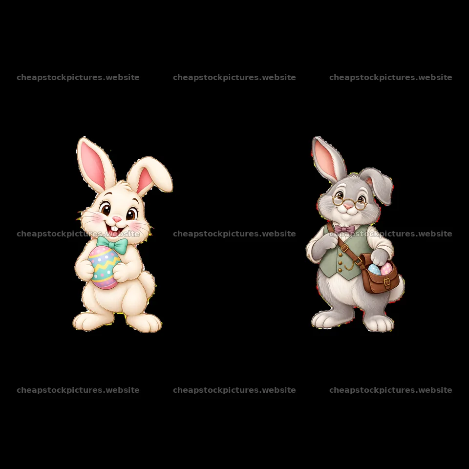 Easter bunnies holding eggs and a bag in a paired cartoon design – stock pictures 7746x7746