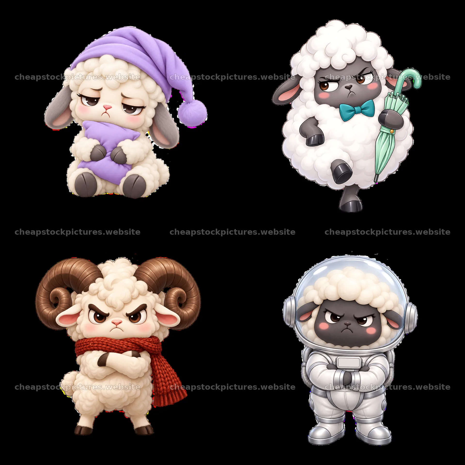 Kawaii grumpy sheep stickers with fun outfits and expressions – stock pictures 7746x7746