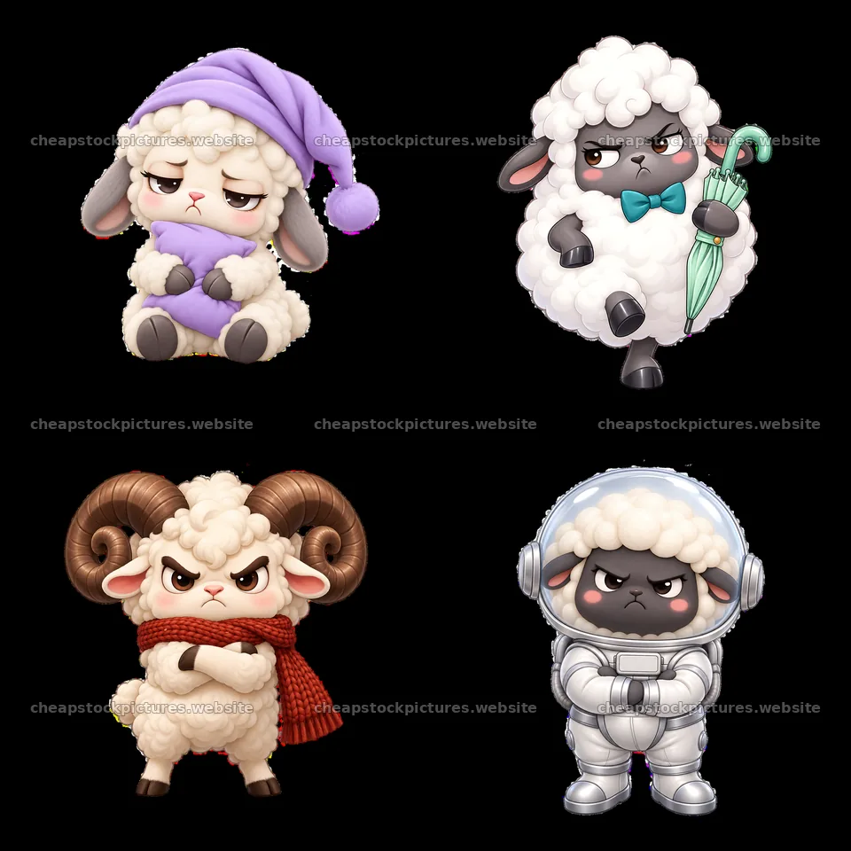 Kawaii grumpy sheep stickers with fun outfits and expressions – stock pictures 7746x7746