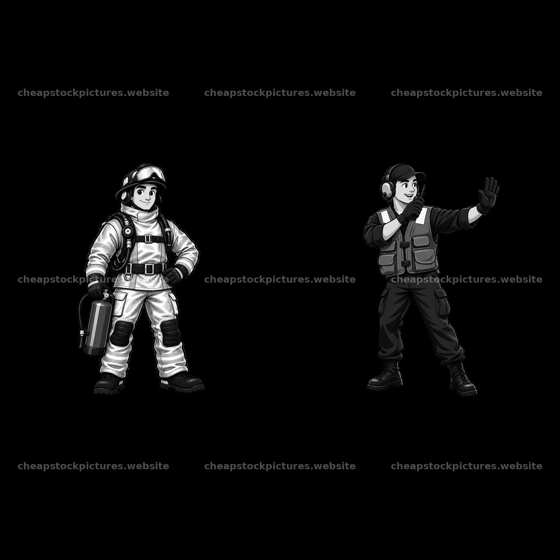 Two cartoon crew members on an aircraft carrier in black-and-white – stock pictures 7746x7746