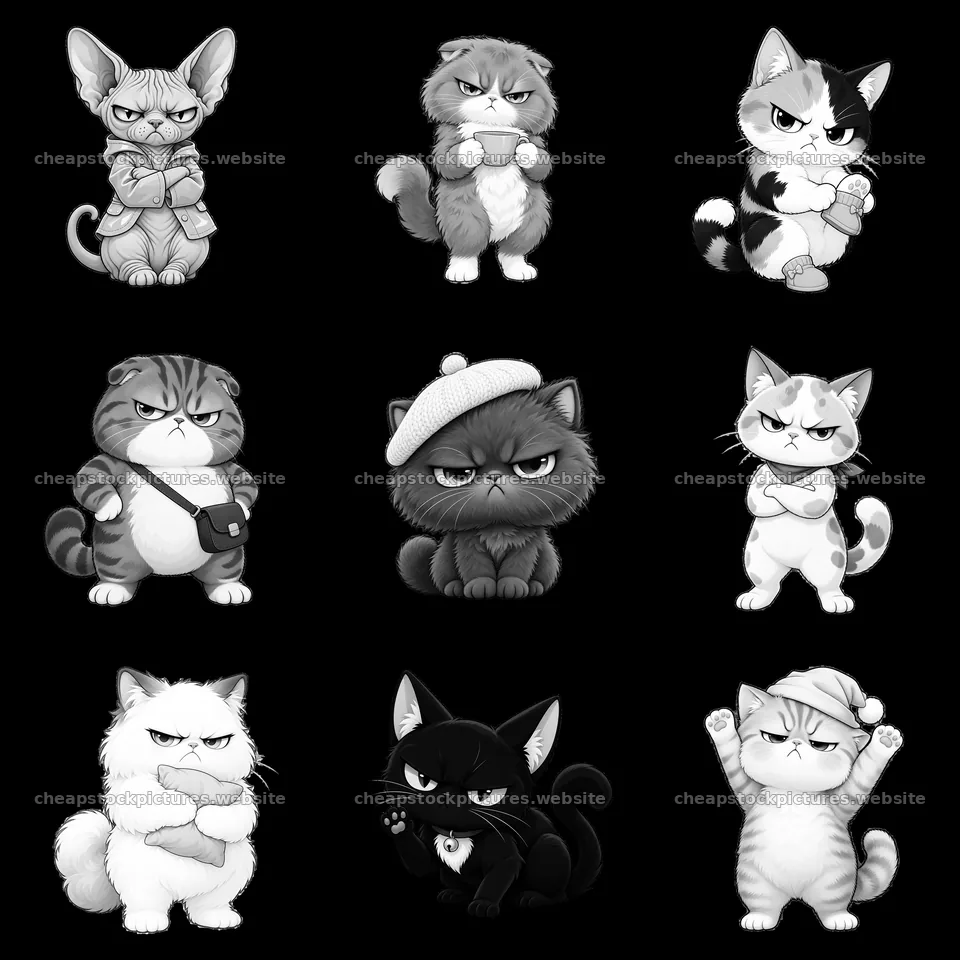 Kawaii grumpy cats in various poses and expressions arranged in – stock pictures 7746x7746