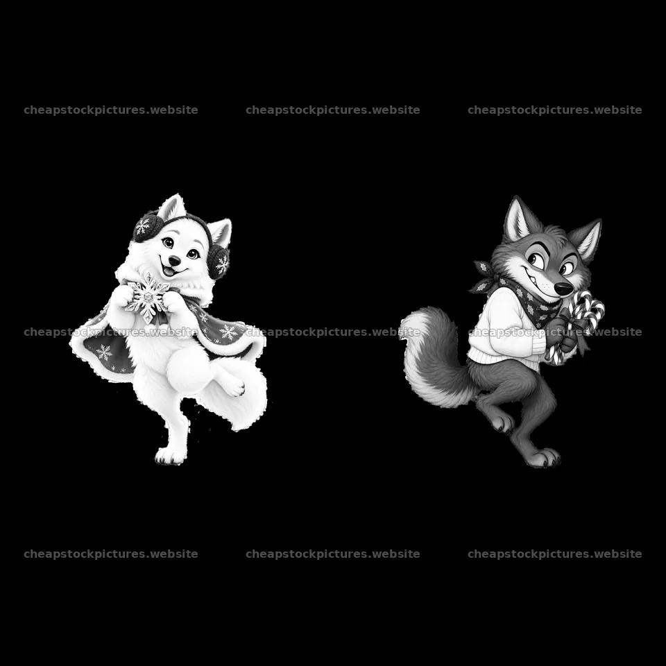 Christmas-themed cartoon wolves holding candy canes – stock pictures 7746x7746