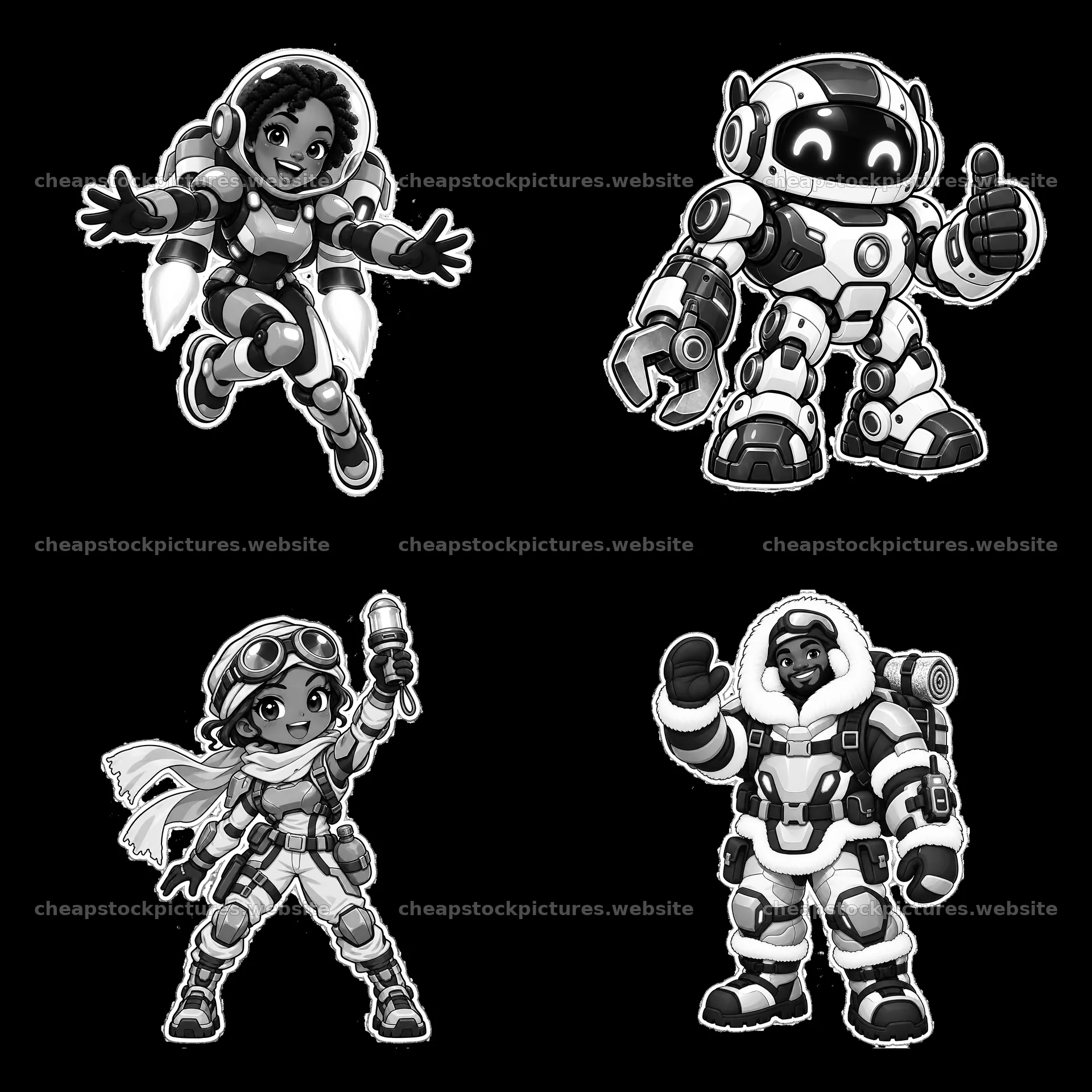 Kawaii futuristic super-soldiers in playful poses – stock pictures 7746x7746