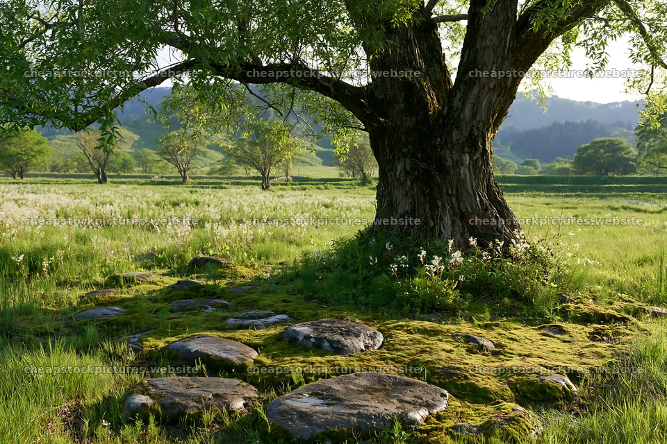 Miyagi spring recovery meadow mossy stone with tree and landscape – stock pictures 9722x6480