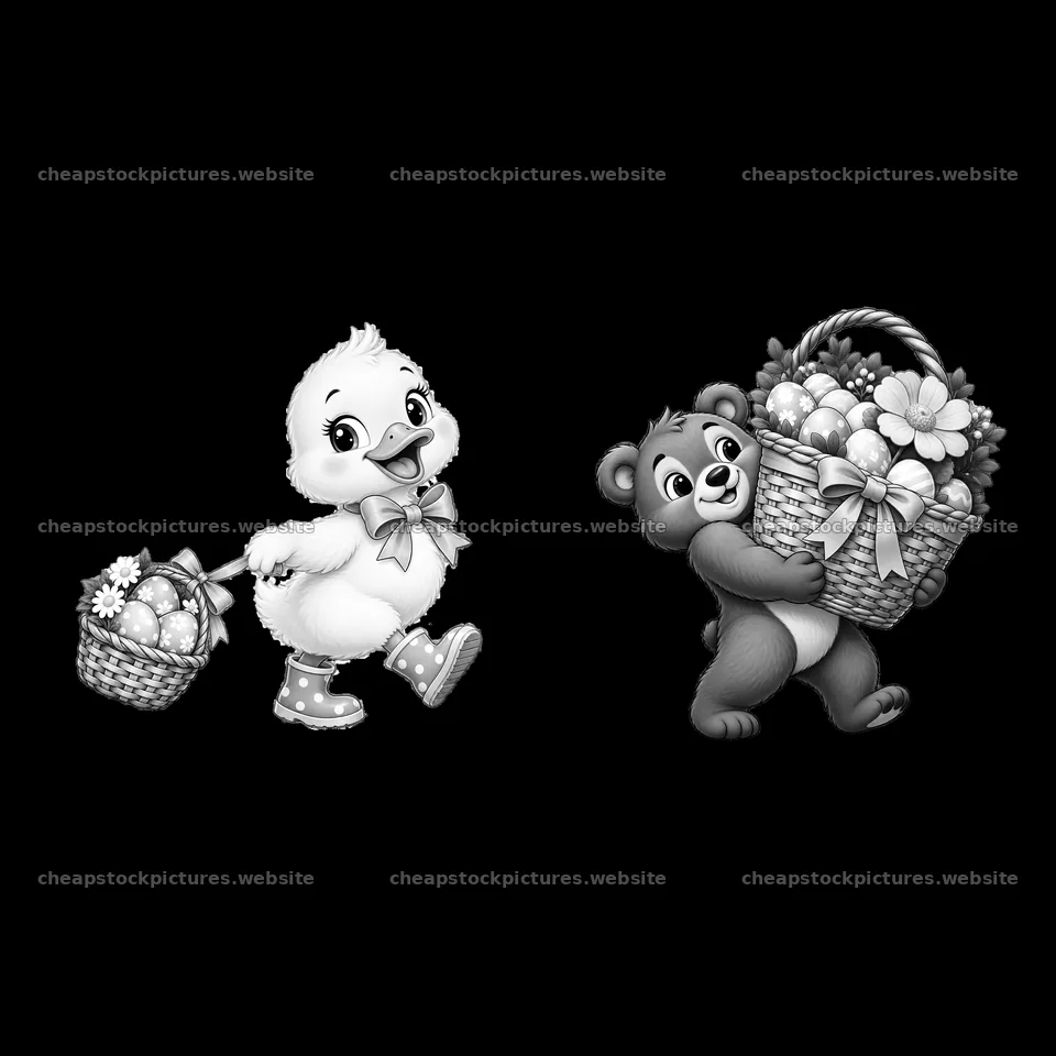 Duckling and bear carrying Easter baskets filled with eggs – stock pictures 7746x7746
