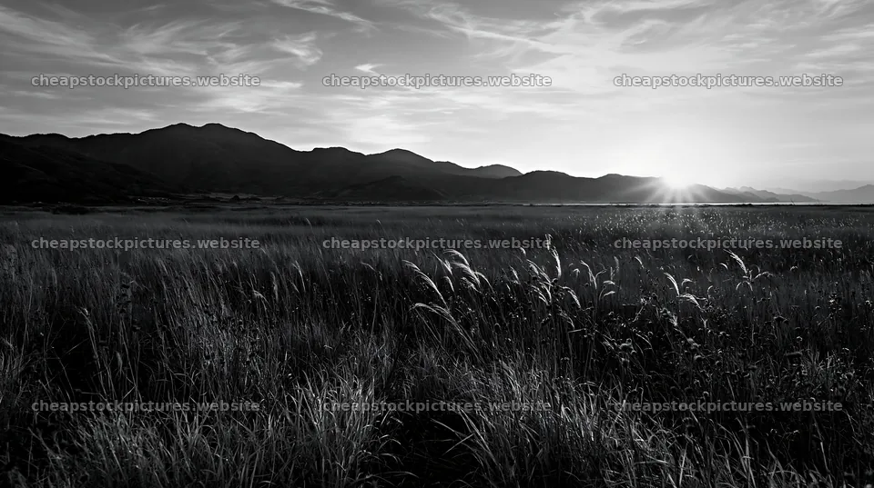 Ehime meadow at twilight with dry seedheads in black and white – stock pictures 10608x5938