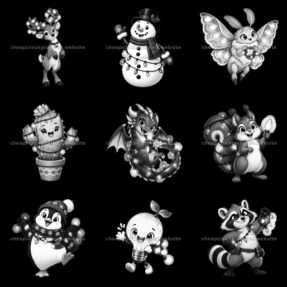 Cartoon characters celebrating with string lights in – stock pictures 7746x7746
