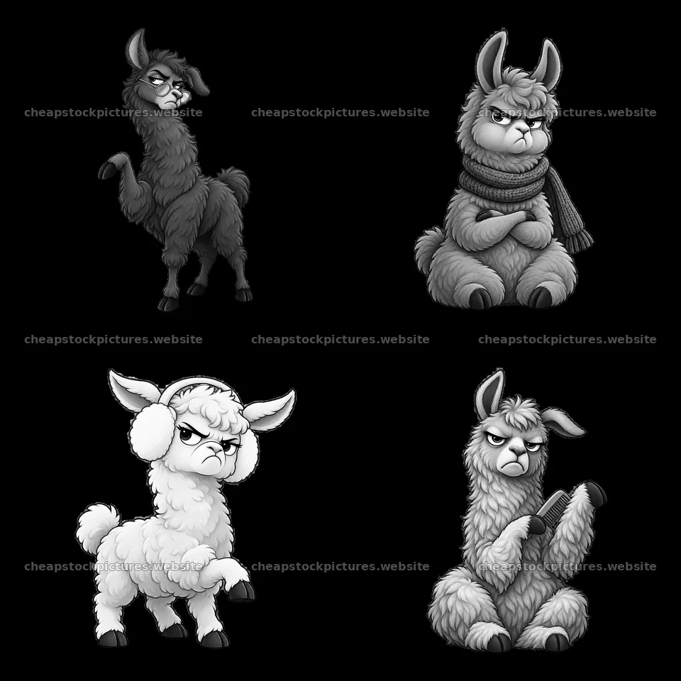 Grumpy llama expressions in black-and-white cartoon sticker design – stock pictures 7746x7746