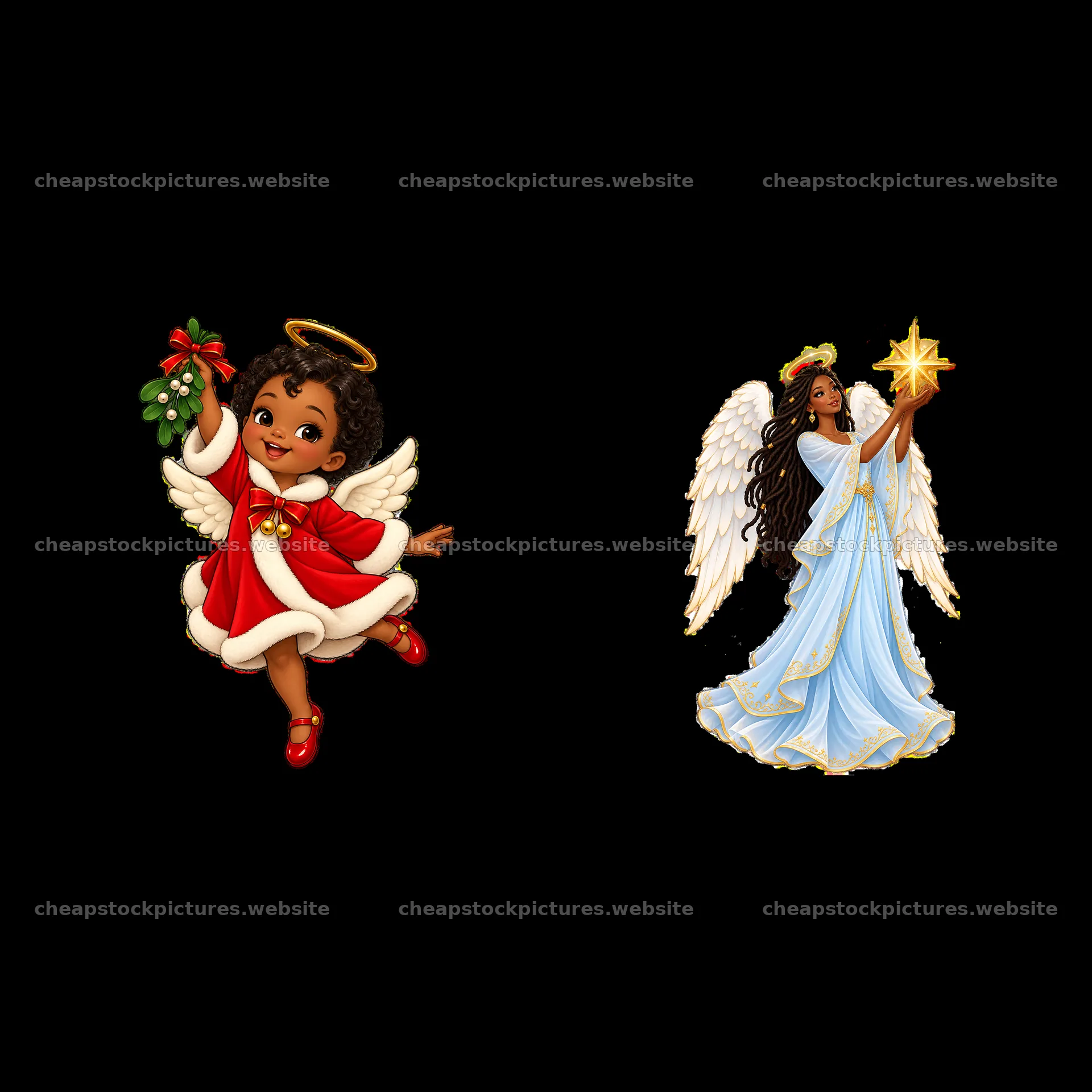Christmas angel characters with gifts and festive attire – stock pictures 7746x7746