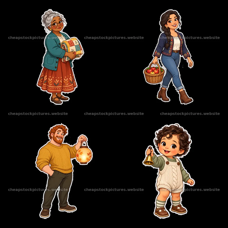 Family gathering with diverse characters in a cartoon style – stock pictures 7746x7746
