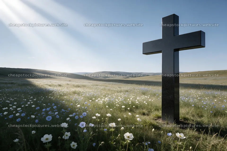 Christian cross in meadow with light rays shining from the sky – stock pictures 9722x6480