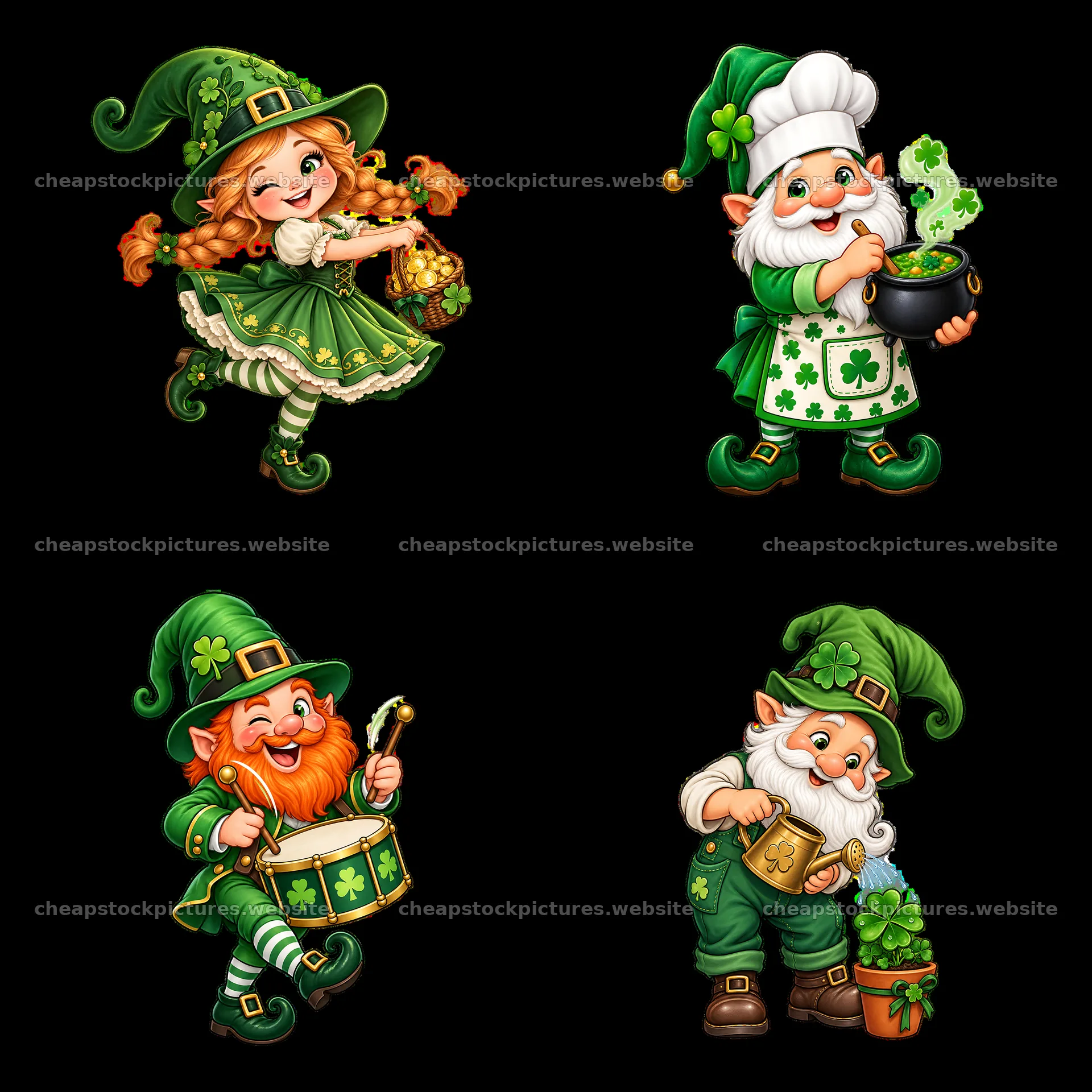 Four cheerful St. Patrick's Day gnomes celebrating with accessories – stock pictures 7746x7746