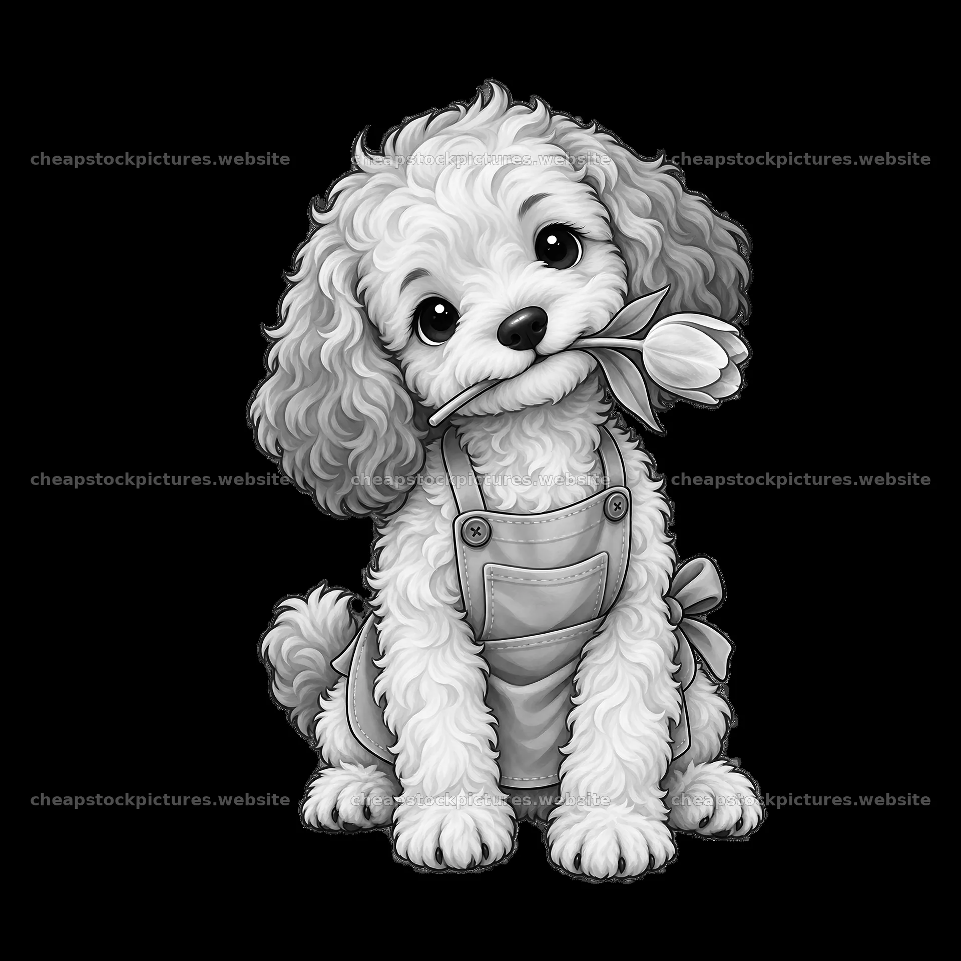 Cute dog in an apron holding a flower in its mouth – stock pictures 7746x7746