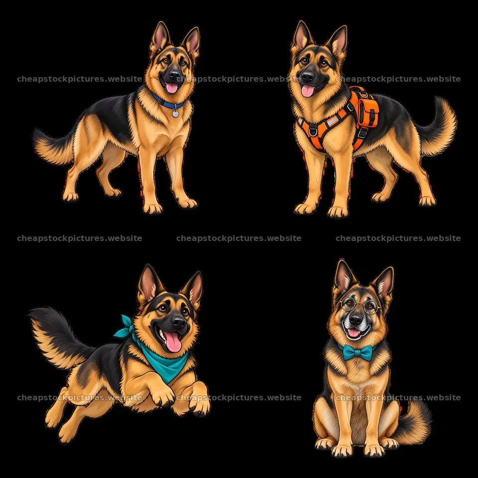 Four cartoon German Shepherd dog stickers in various poses – stock pictures 7746x7746