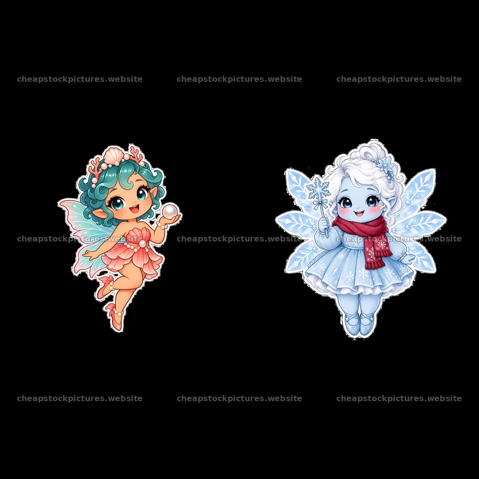 Kawaii chubby fairies holding snowballs and ice crystals – stock pictures 7746x7746