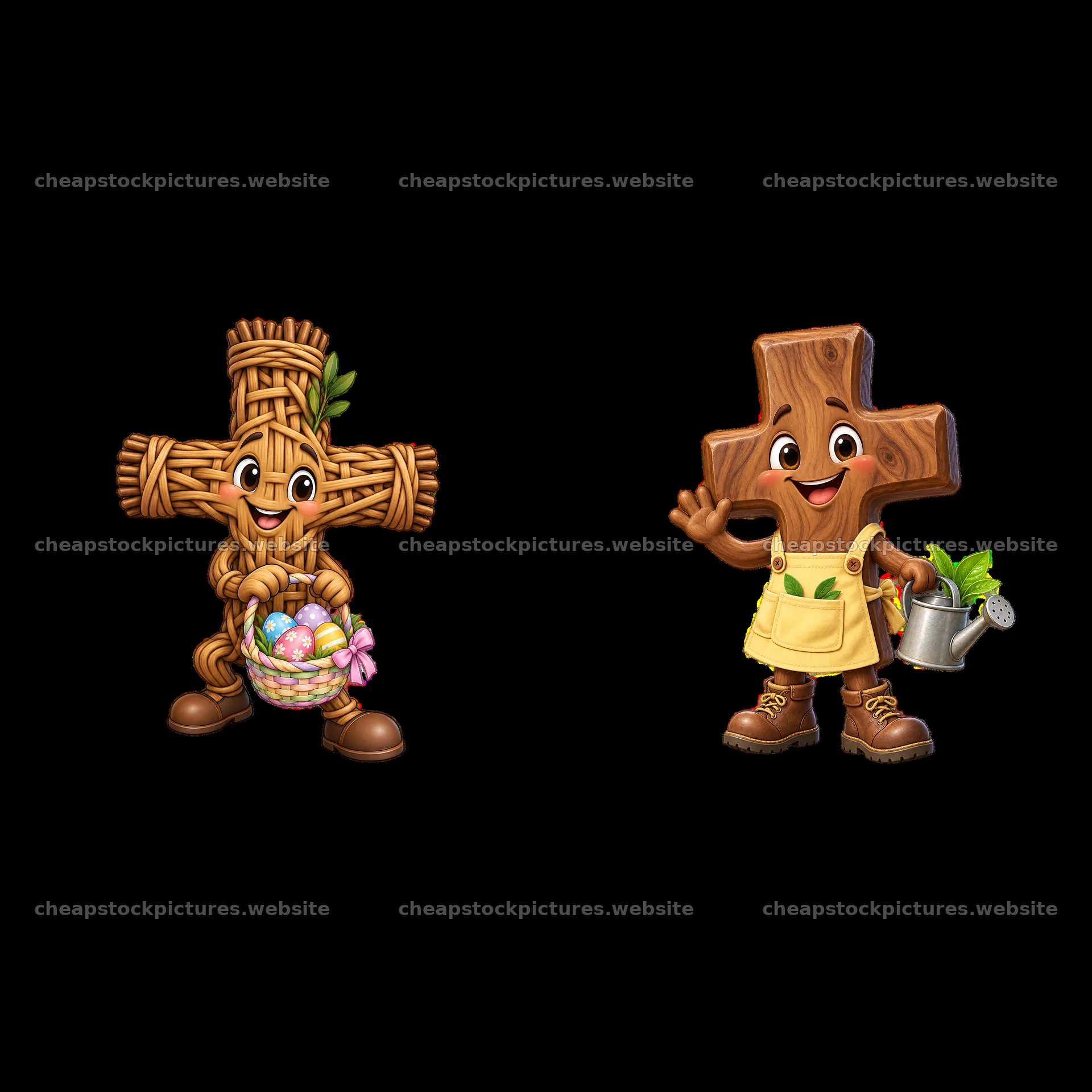 Easter cross characters holding basket and watering can – stock pictures 7746x7746