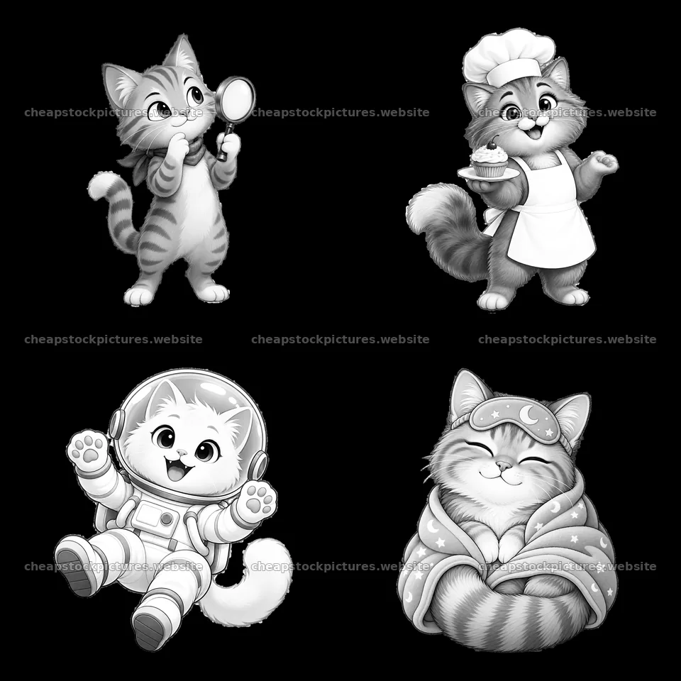 Four cartoon cat characters are shown in different fun activities – stock pictures 7746x7746