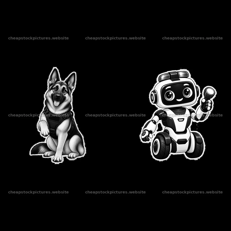 Cute police dog and robot cartoon stickers in black and white – stock pictures 7746x7746