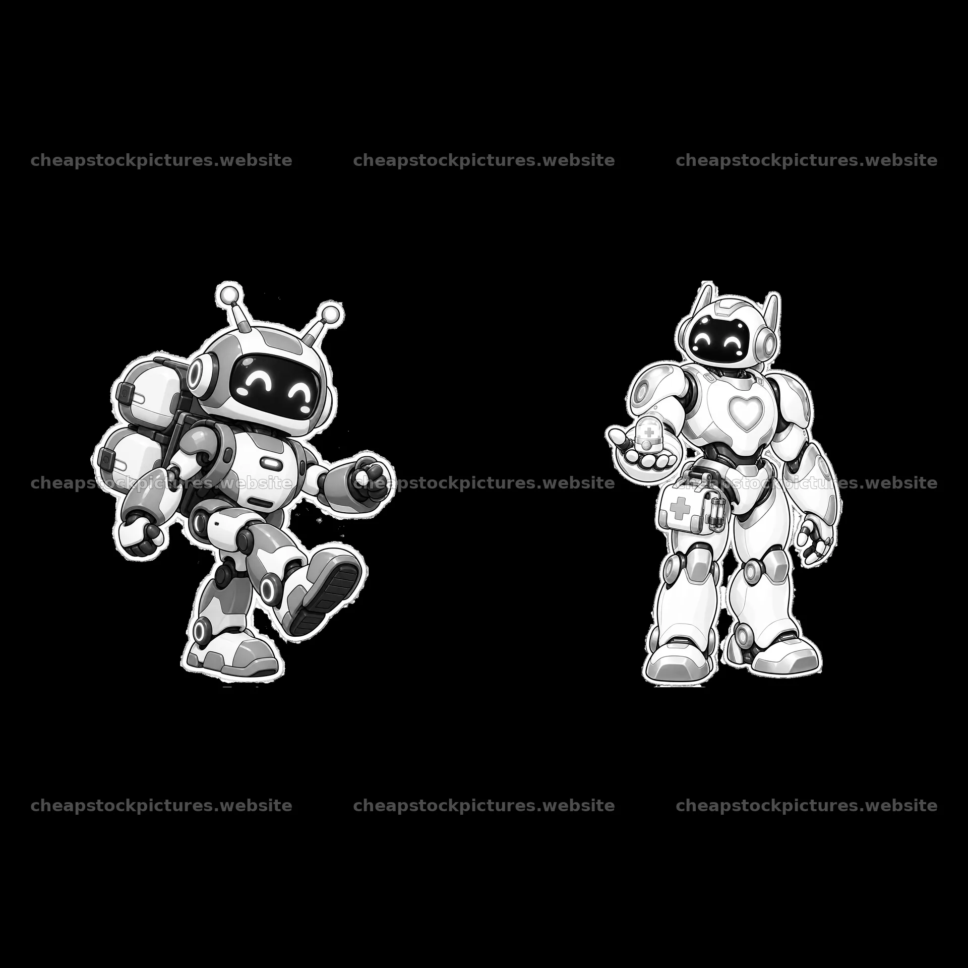 Mech robots in playful poses with accessories in black and white – stock pictures 7746x7746
