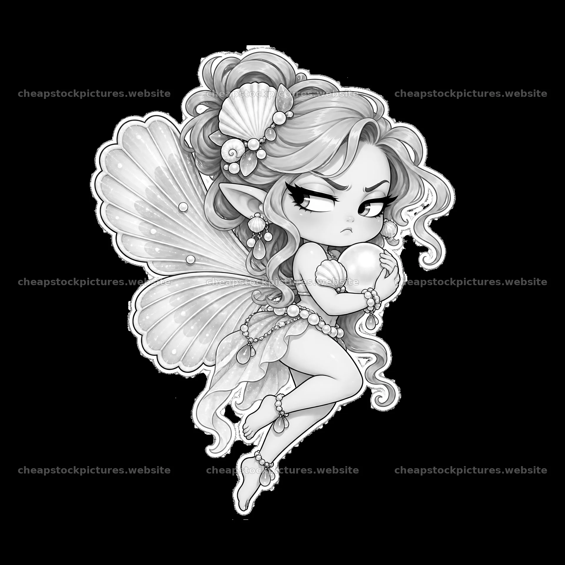 Grumpy fairy with seashells holding a pearl in a cute pose – stock pictures 7746x7746