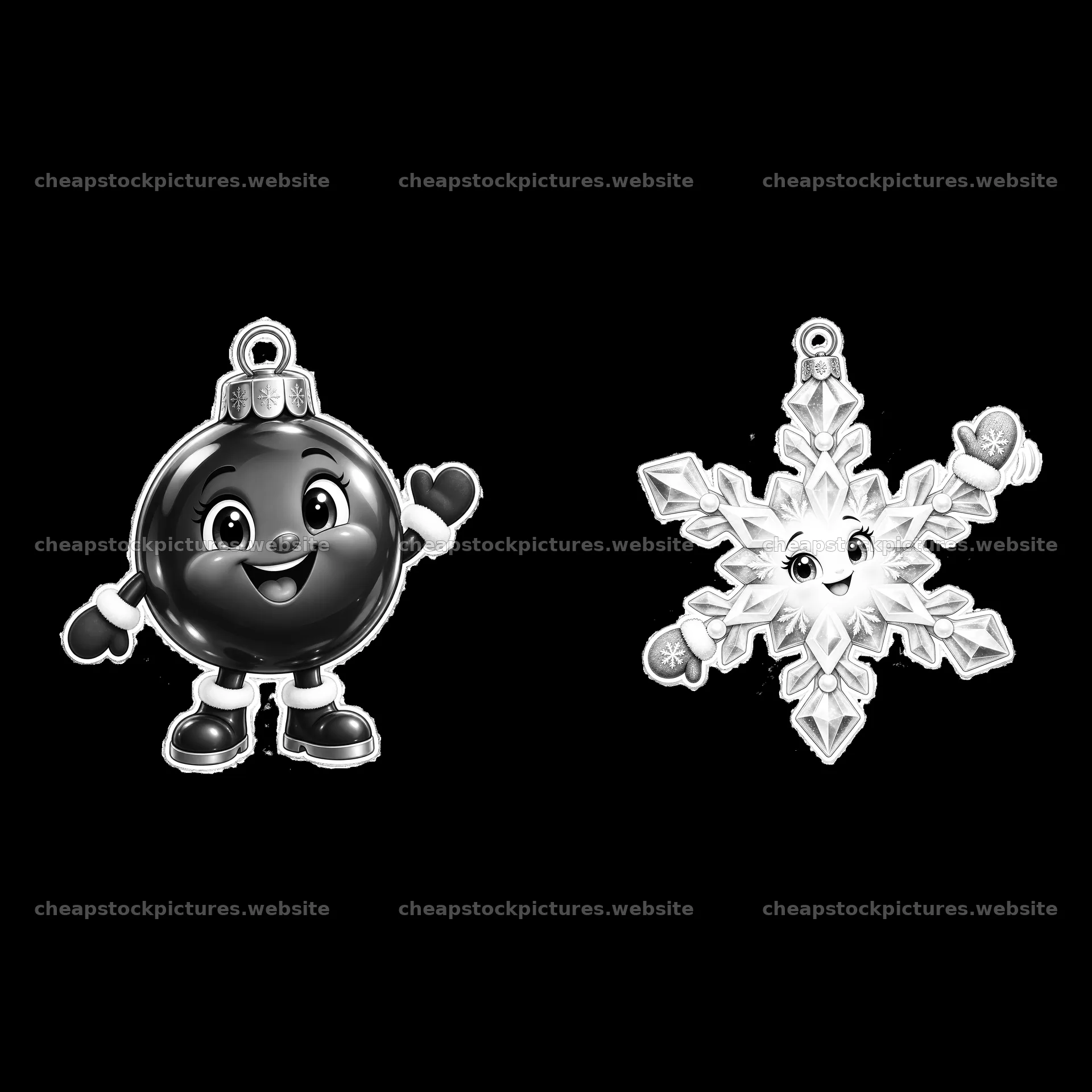 Cartoon Christmas ornament characters waving in monochrome design – stock pictures 7746x7746