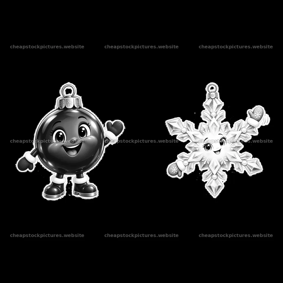 Cartoon Christmas ornament characters waving in monochrome design – stock pictures 7746x7746