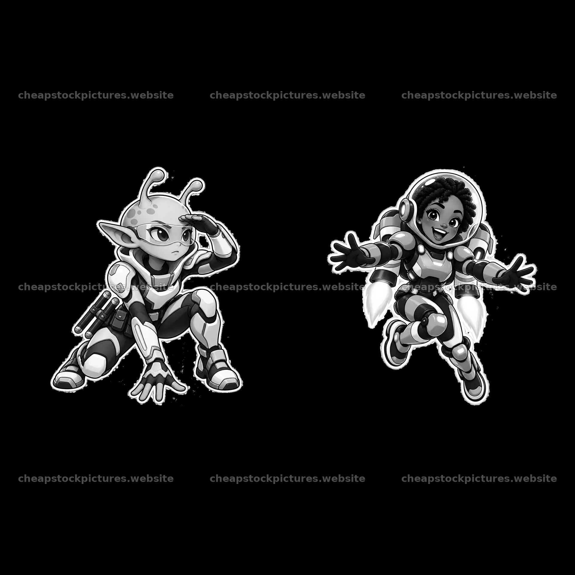 Kawaii futuristic super-soldier pair with one crawling and one – stock pictures 7746x7746