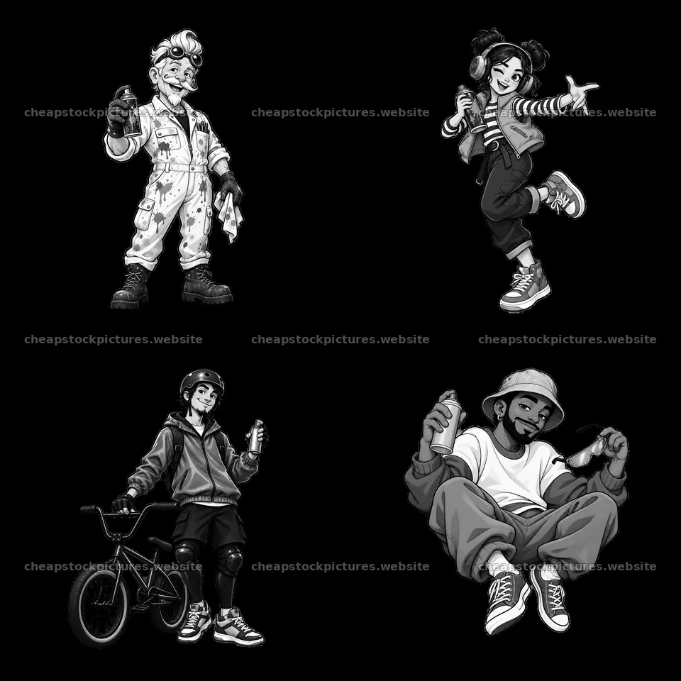 Cool graffiti sprayers create art in monochrome cartoon sticker set – stock pictures 7746x7746