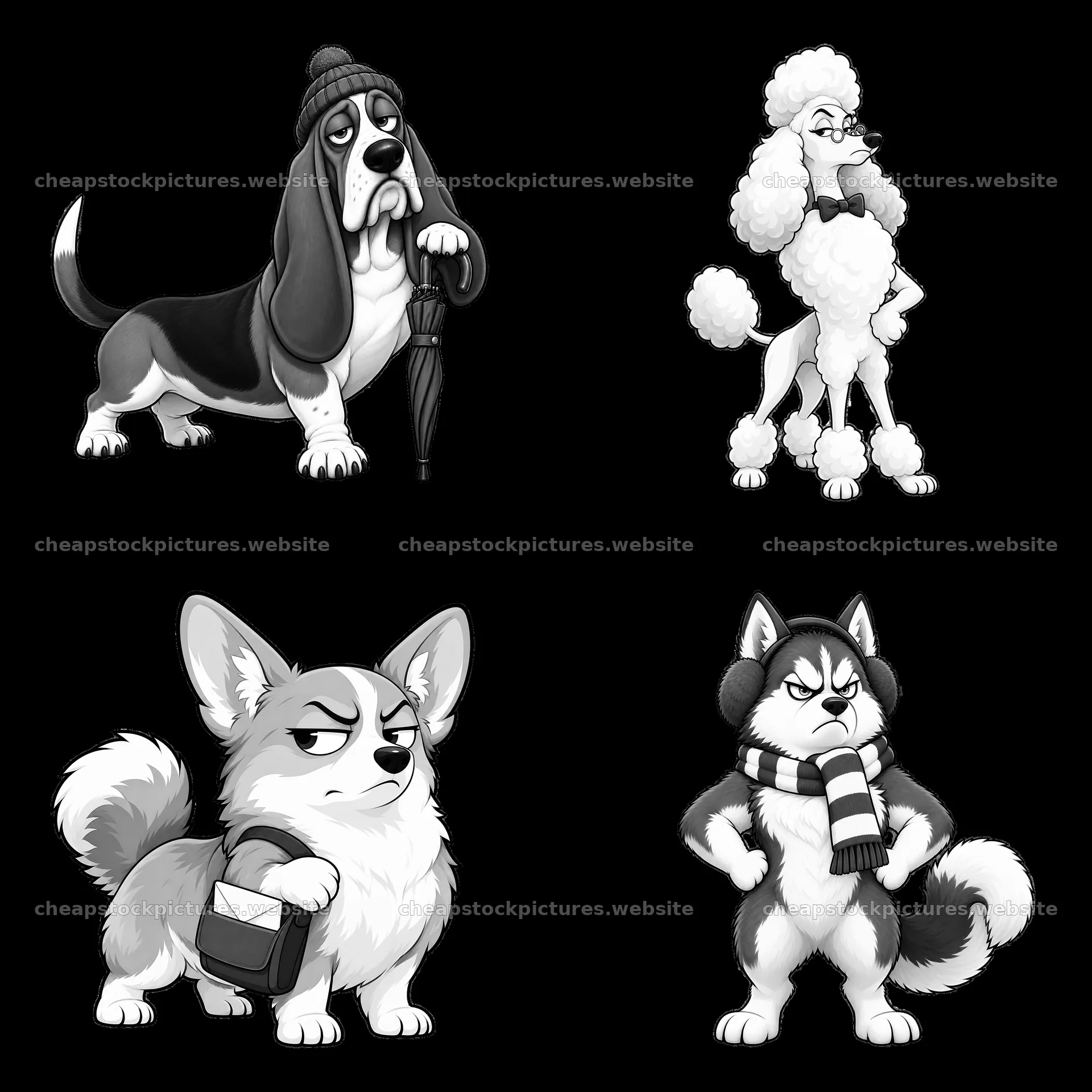 Grumpy dog stickers showing four distinct breeds with unique traits – stock pictures 7746x7746