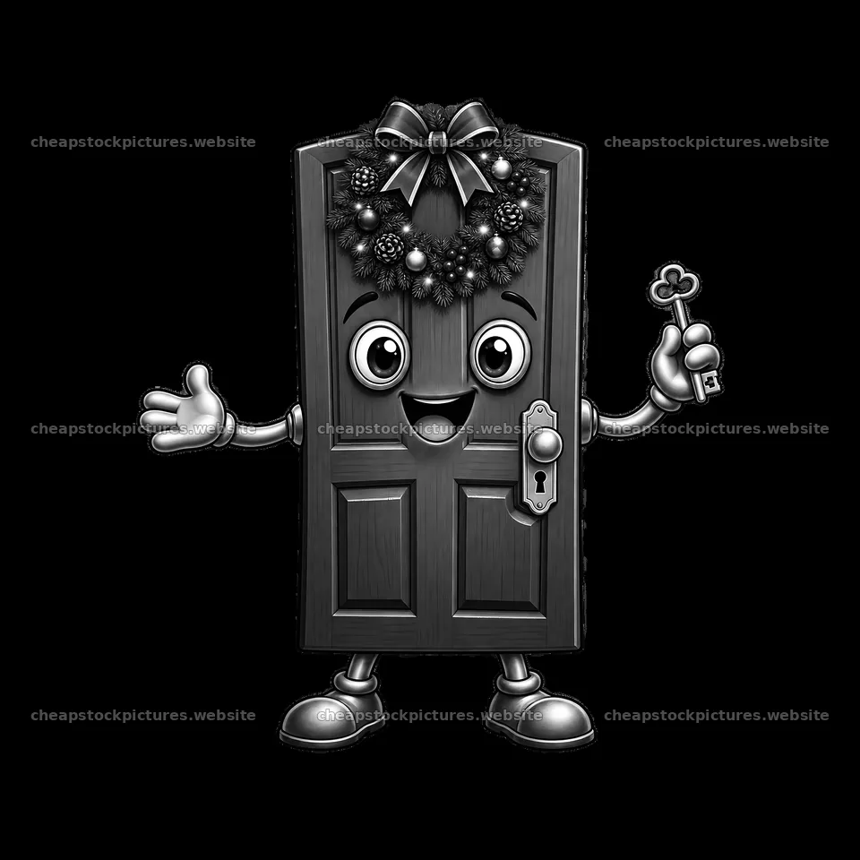 Christmas door character holding a key with a wreath – stock pictures 7746x7746