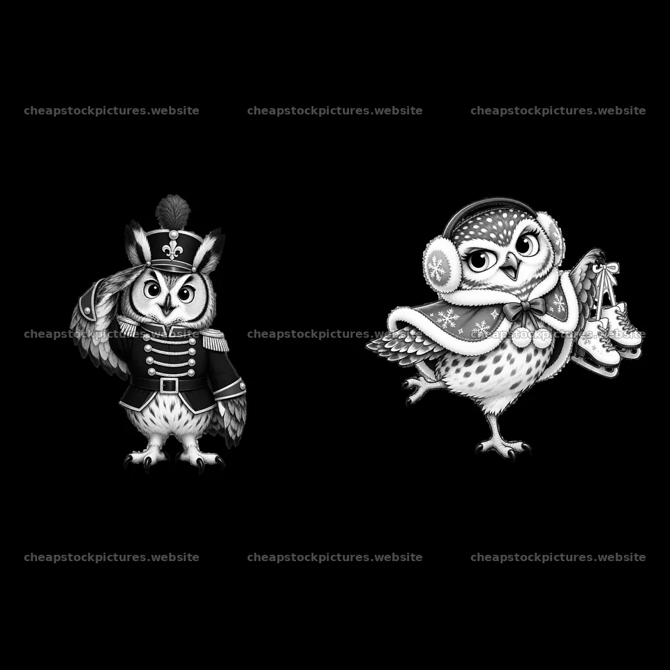 Owl characters in Christmas outfits with skates – stock pictures 7746x7746