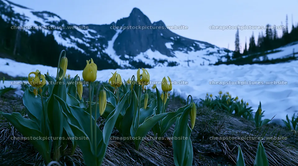 Snowy highland meadow with yellow flowers and mountain backdrop – stock pictures 10608x5938