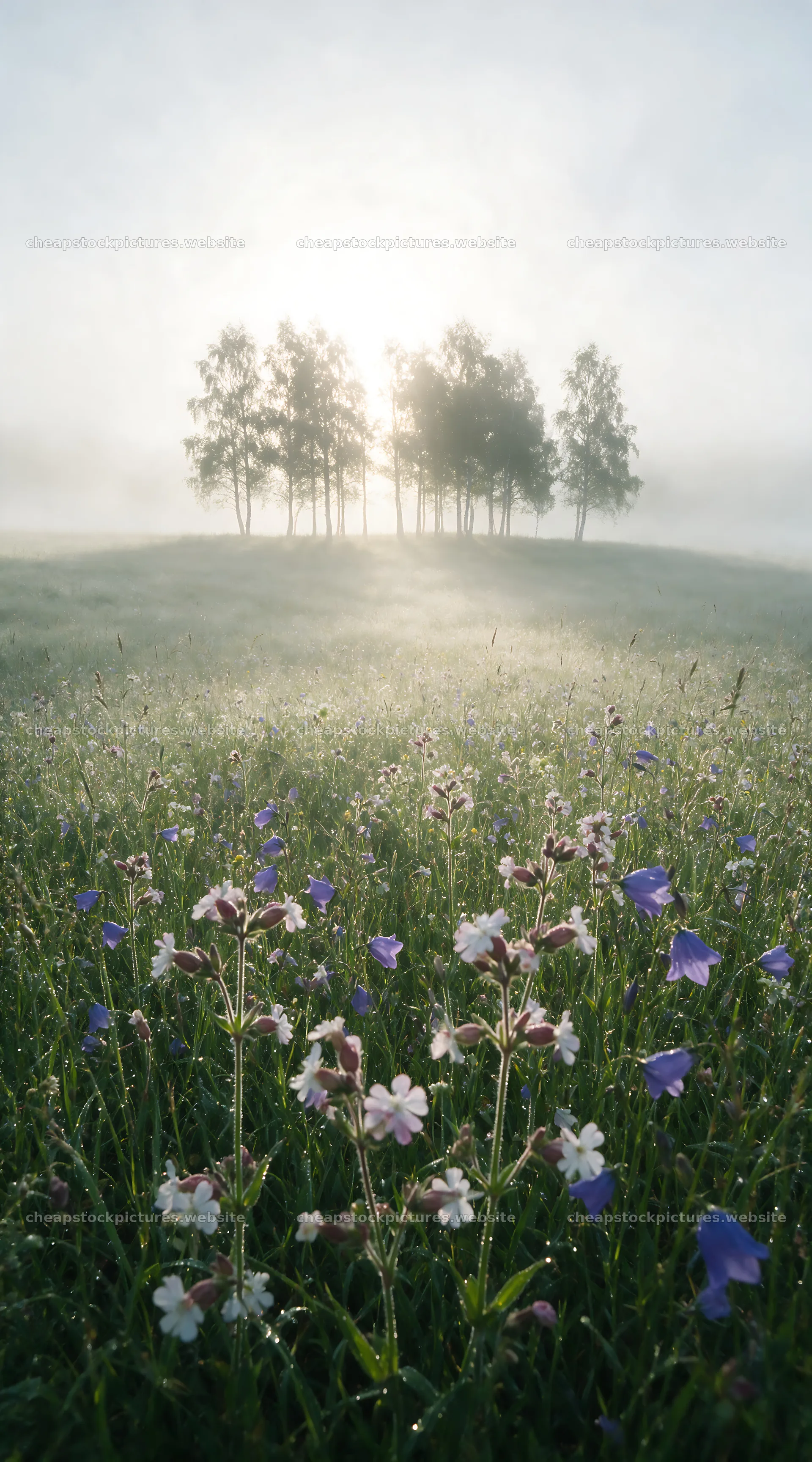 Campion bellflower meadow with morning light and trees in – stock pictures 5916x10648