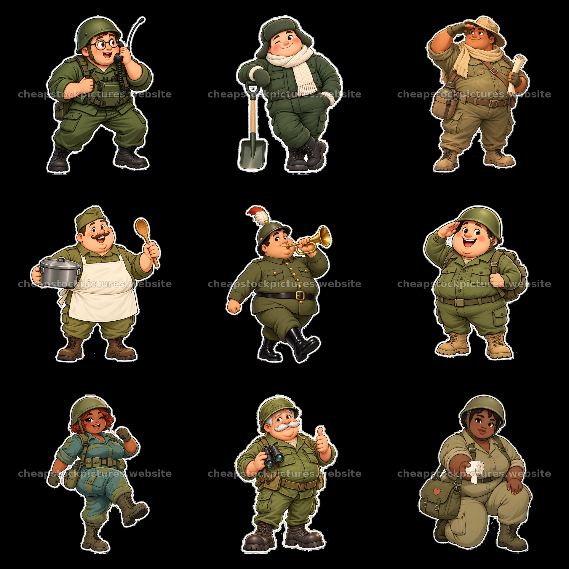 Cute chubby soldiers engaging in various activities in a grid – stock pictures 7746x7746