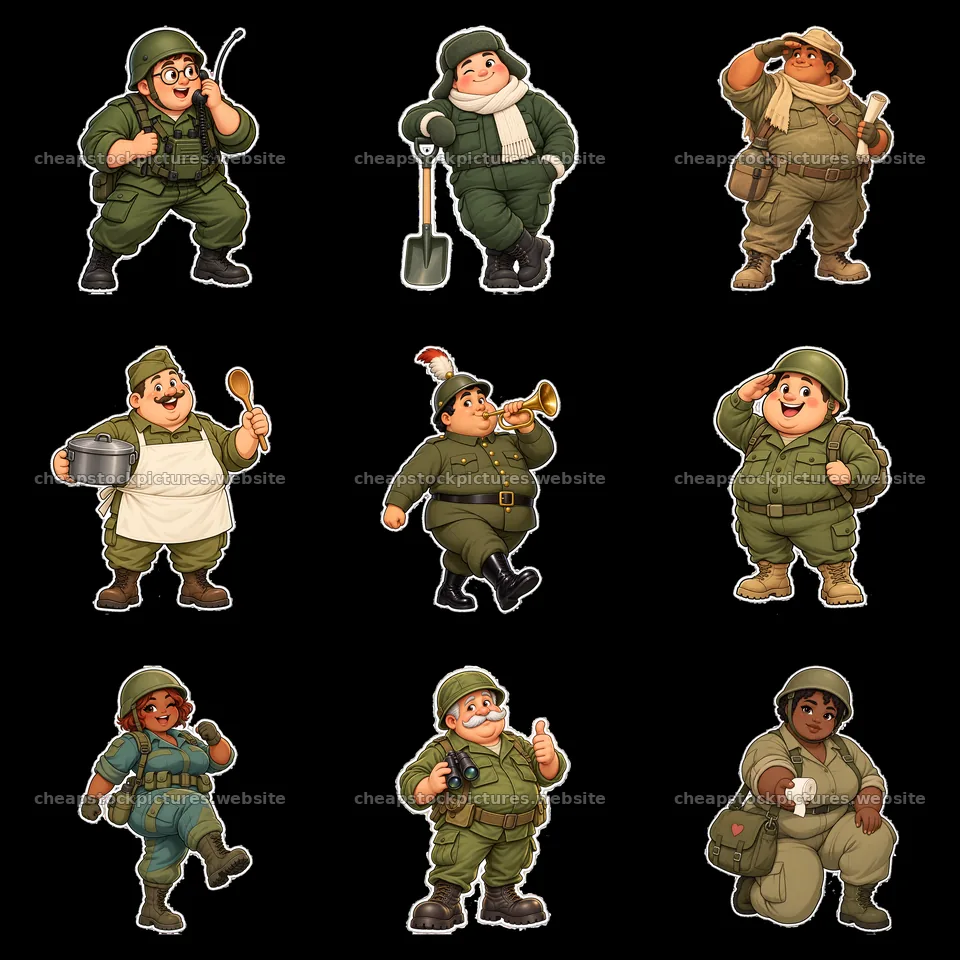Cute chubby soldiers engaging in various activities in a grid – stock pictures 7746x7746