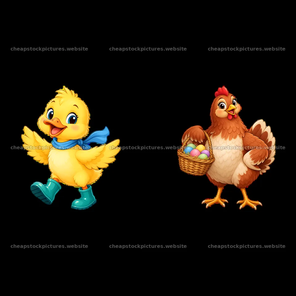 Duck and chicken characters with basket of eggs on a farm – stock pictures 7746x7746