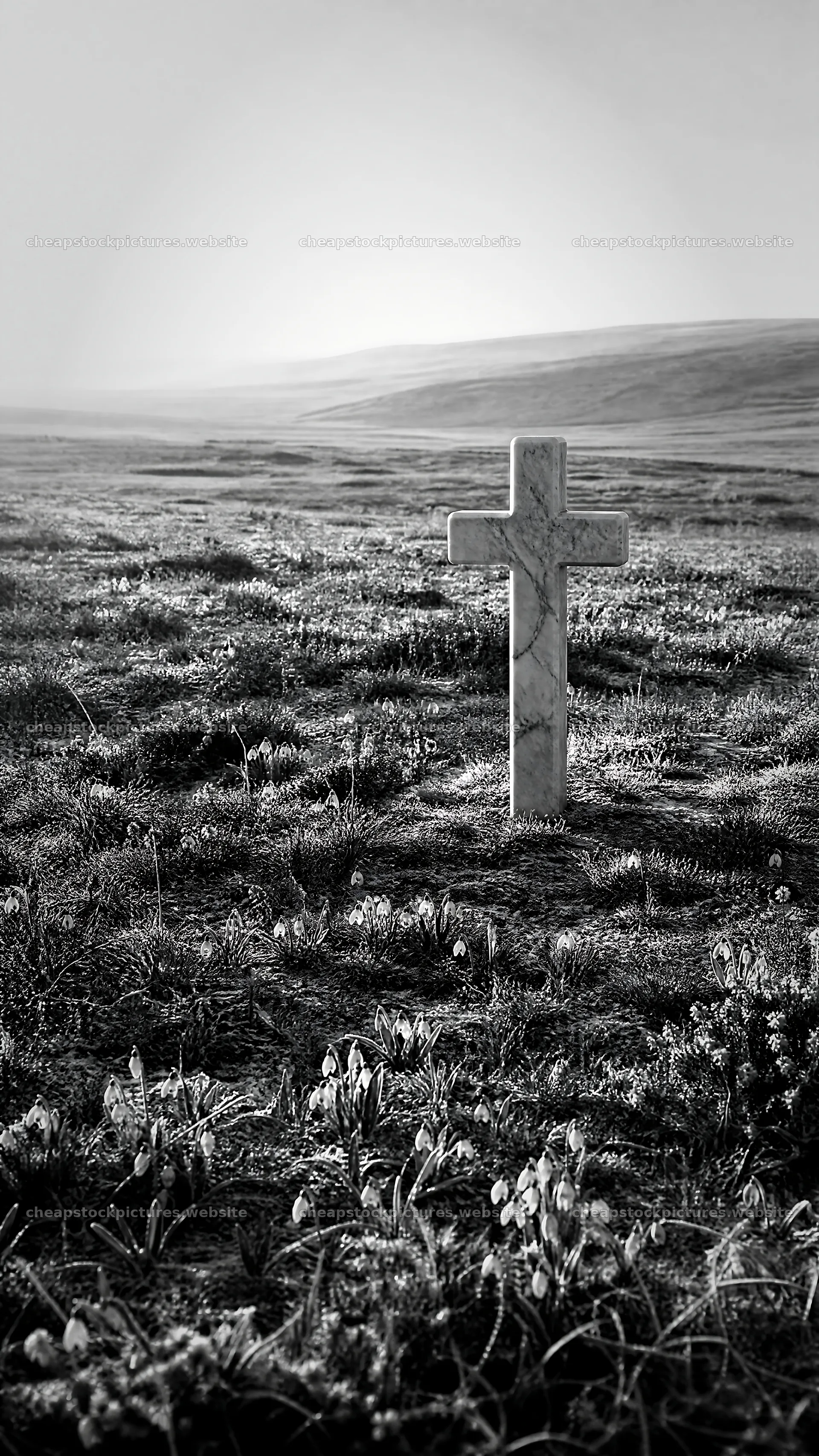 Christian cross in winter meadow during low sunlight – stock pictures 5952x10584