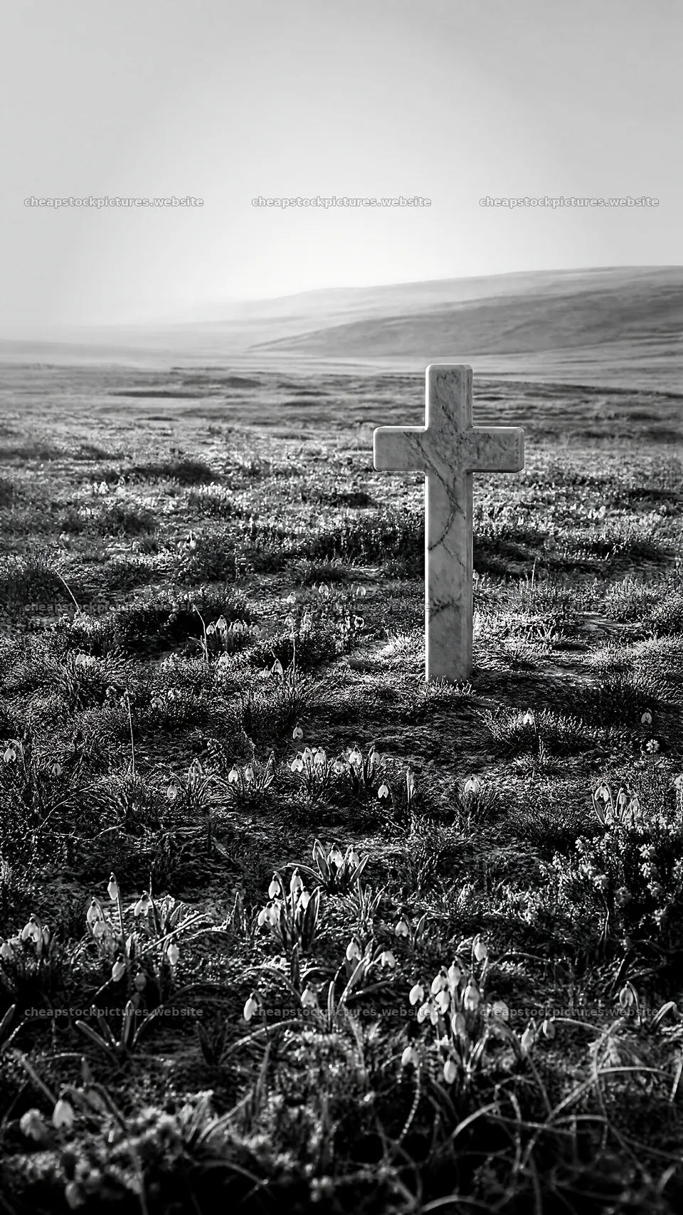 Christian cross in winter meadow during low sunlight – stock pictures 5952x10584