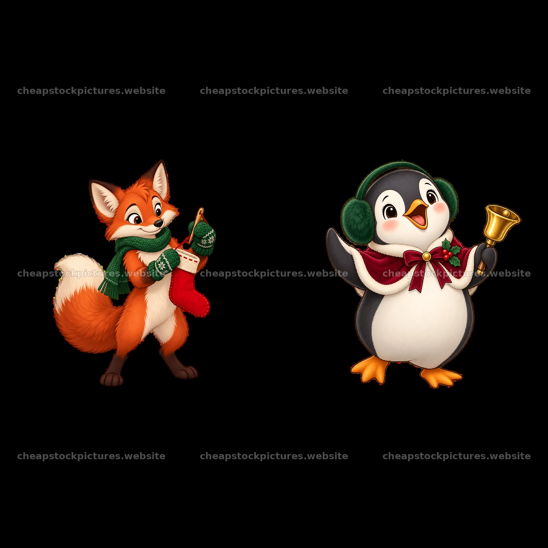 Fox holding a Christmas stocking and penguin with a bell – stock pictures 7746x7746