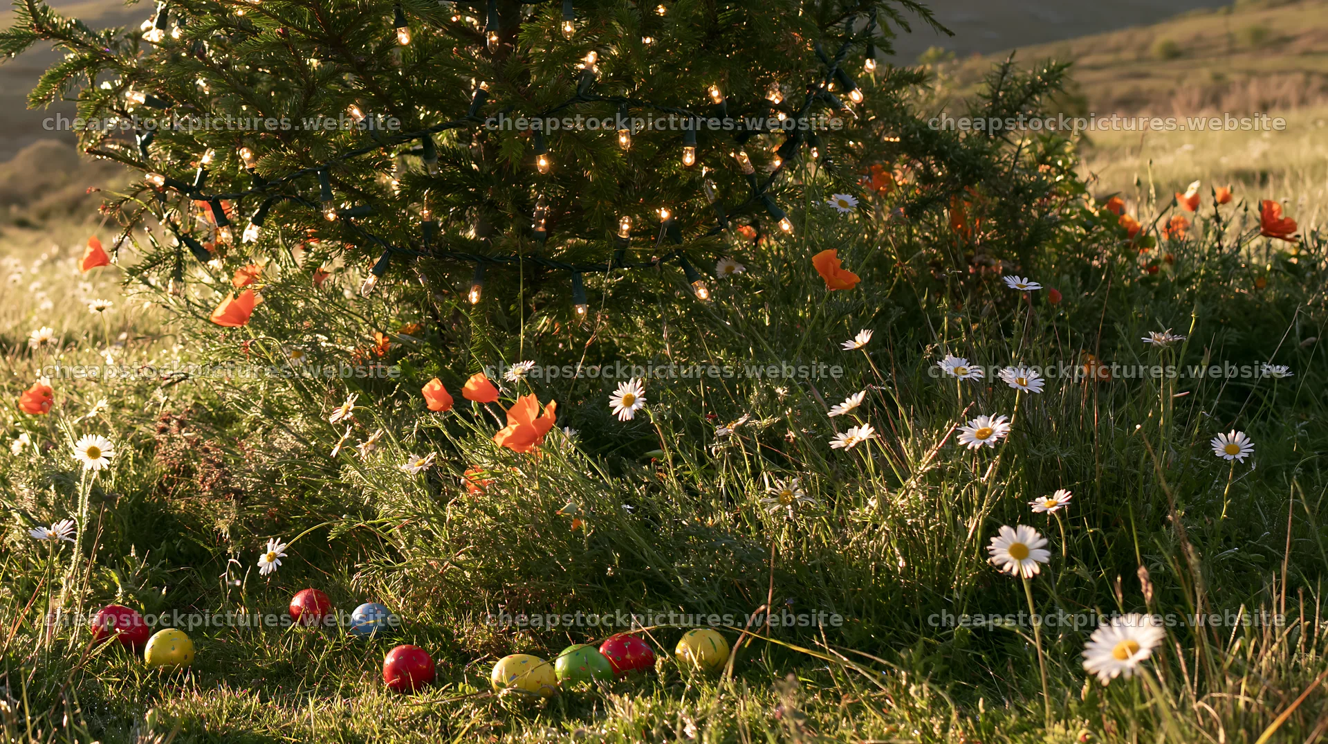 Christmas tree in meadow with flowers and light rays – stock pictures 10608x5938