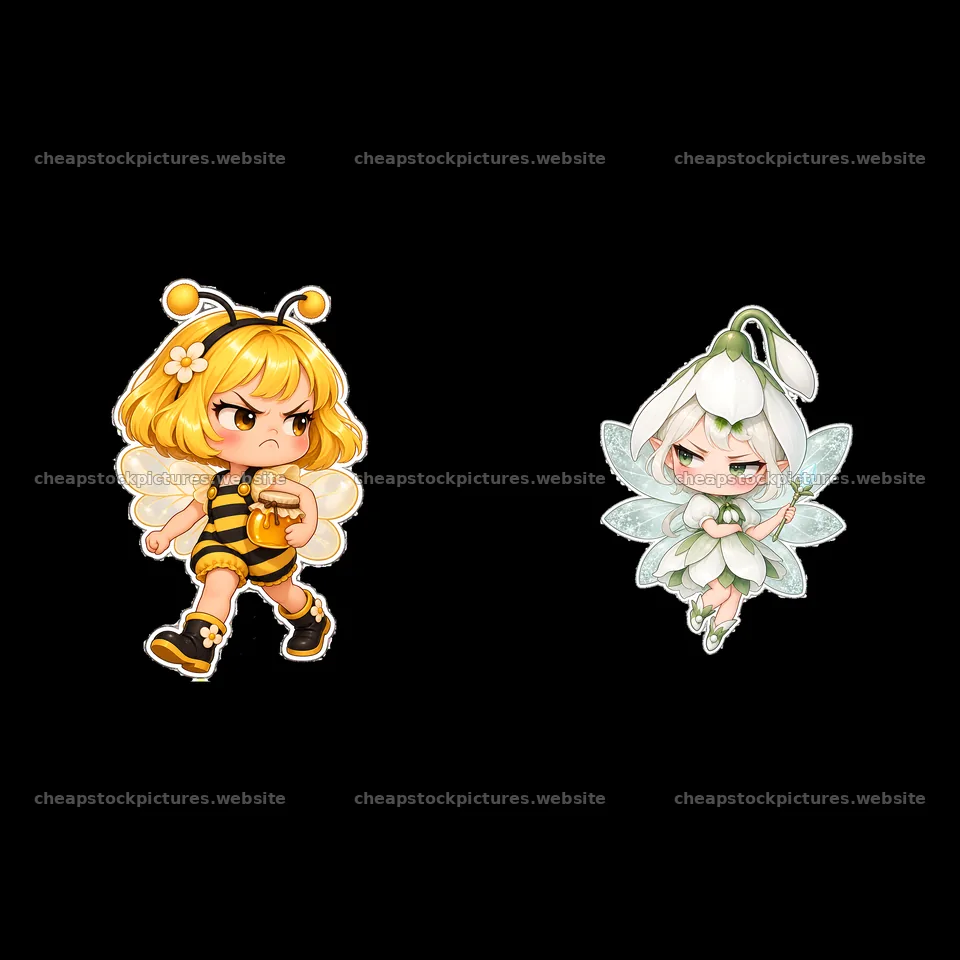 Kawaii grumpy fairy characters with bee and flower themes – stock pictures 7746x7746