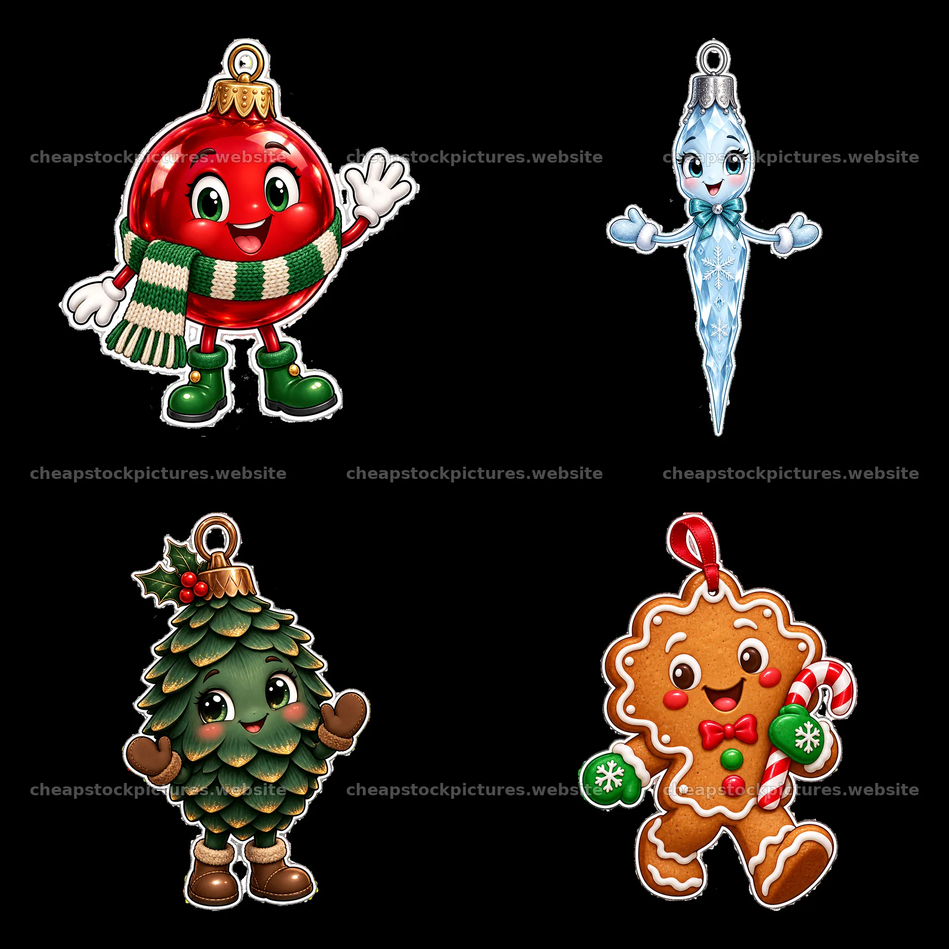 Festive cartoon ornaments including a tree, a gingerbread, and – stock pictures 7746x7746