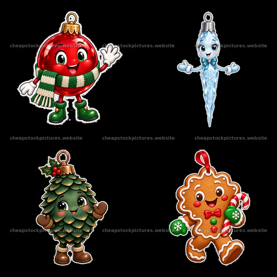 Festive cartoon ornaments including a tree, a gingerbread, and – stock pictures 7746x7746