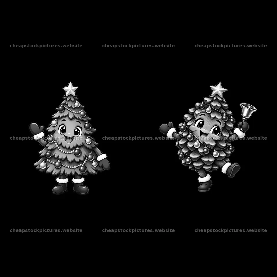 Cartoon Christmas trees with cheerful expressions and props – stock pictures 7746x7746