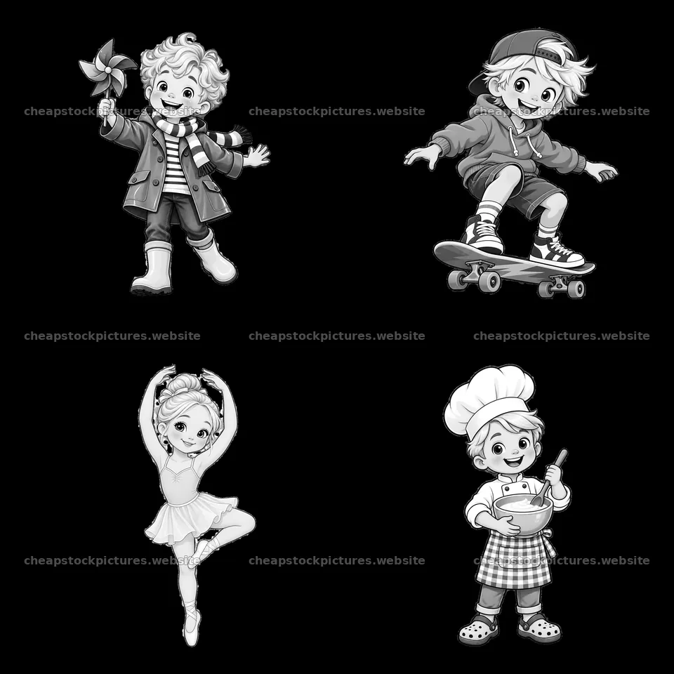 Blond child characters engaging in activities in a 2x2 layout – stock pictures 7746x7746